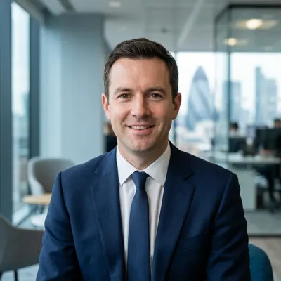 Illustrative portrait for Myles Ward: a smiling man in a navy suit in a London office