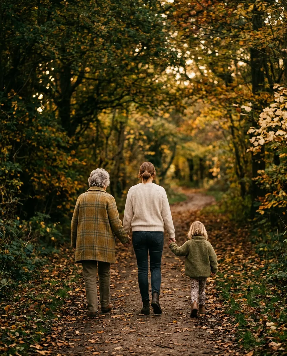 A grandmother, mother and young child walking hand in hand along an autumn woodland path