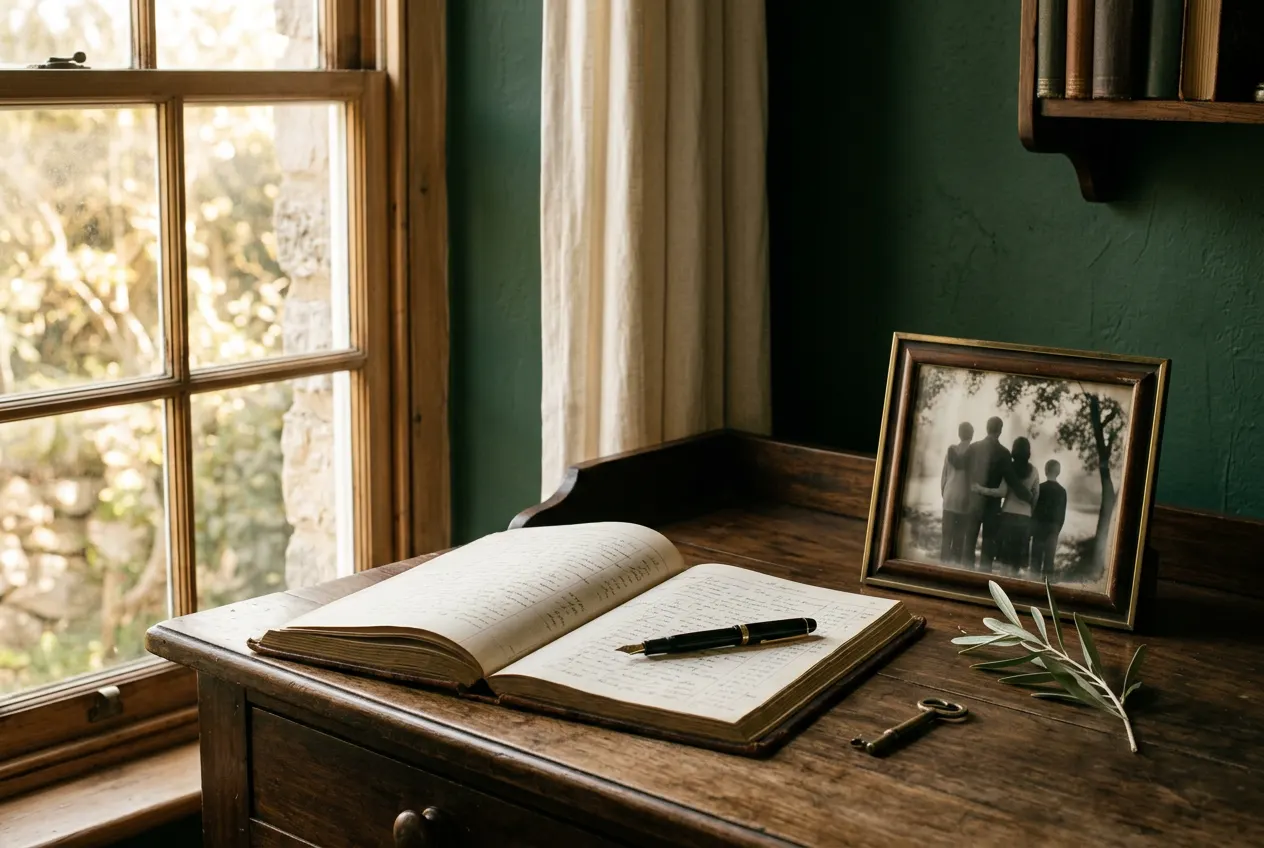 A writing desk by a window with an open ledger, fountain pen, brass key and a framed family photograph